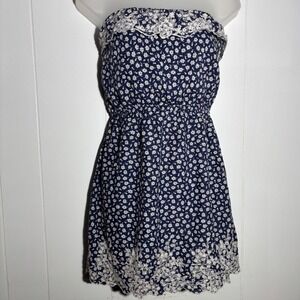 Boho Cottage Navy Blue Embroidered Floral Lace Strapless Mini Dress Sz Medium